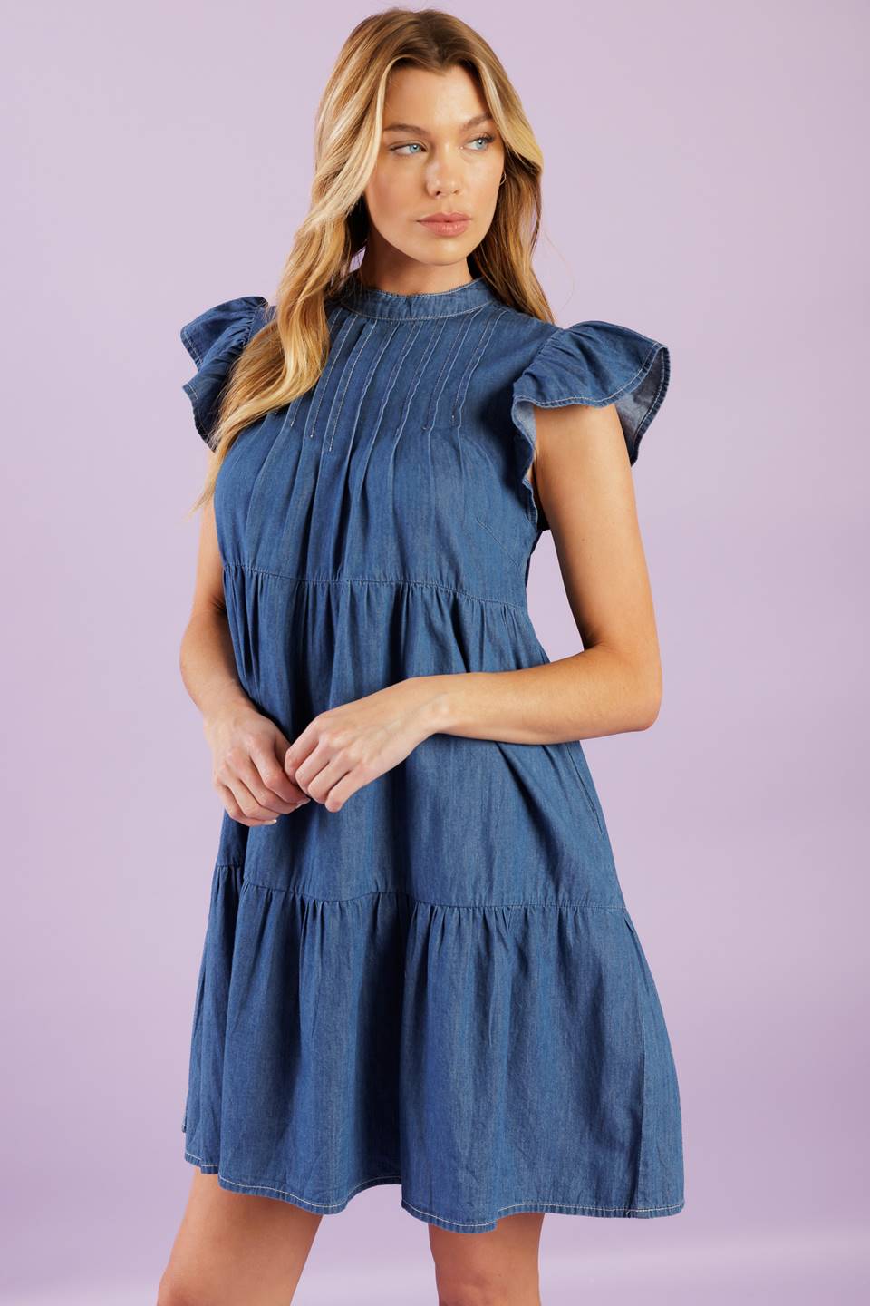 MATCH MY ENERGY WOVEN CHAMBRAY MINI DRESS Flying Tomato
